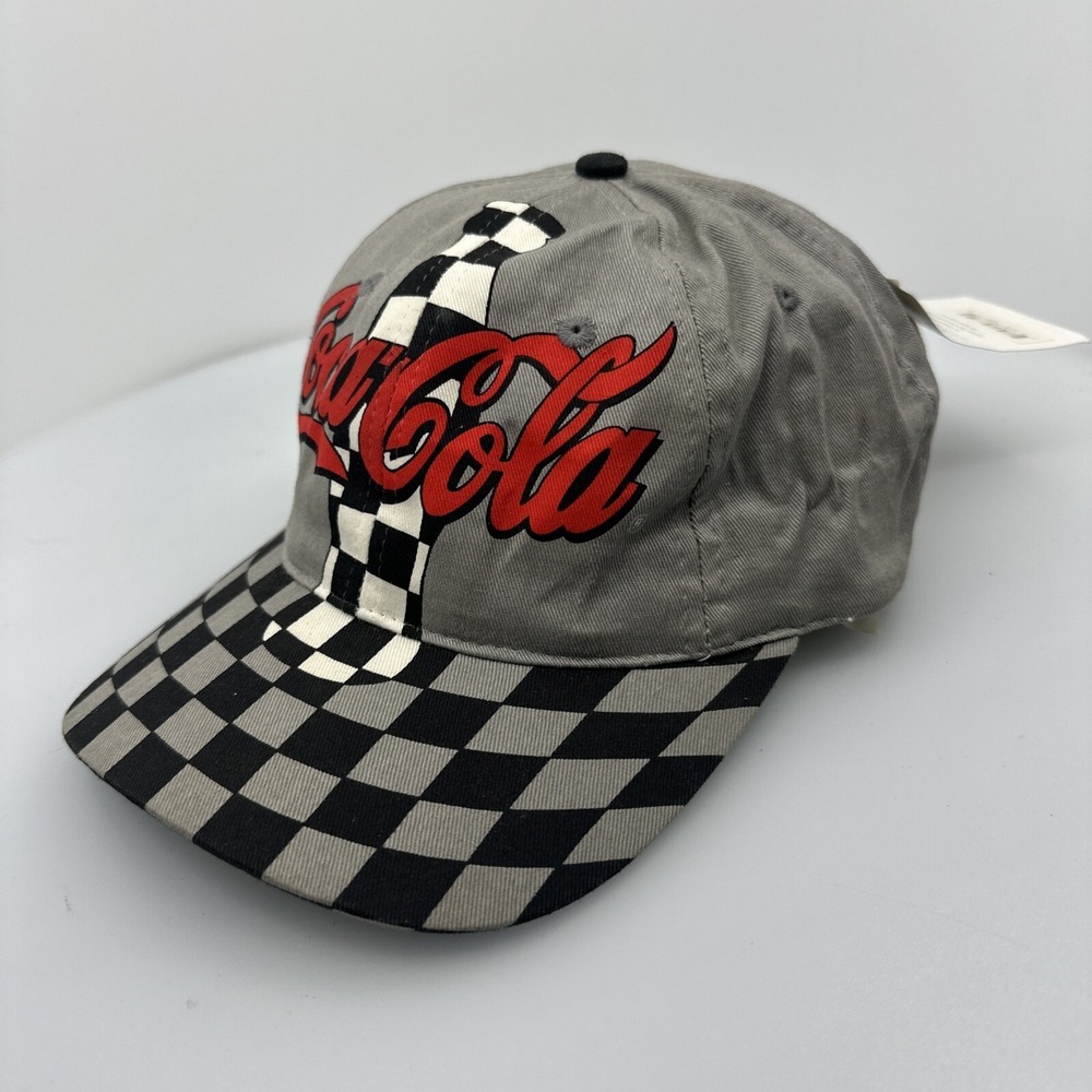 Vintage Coca Cola Nascar Hat Cap Gray Y2K 1998 Strapback Snapback Checker NWT